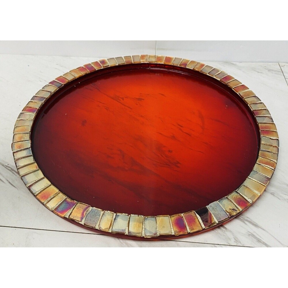 Vintage Ruby Red Glass Plate With Mosaic Trim 11.5” - Picture 3 of 3